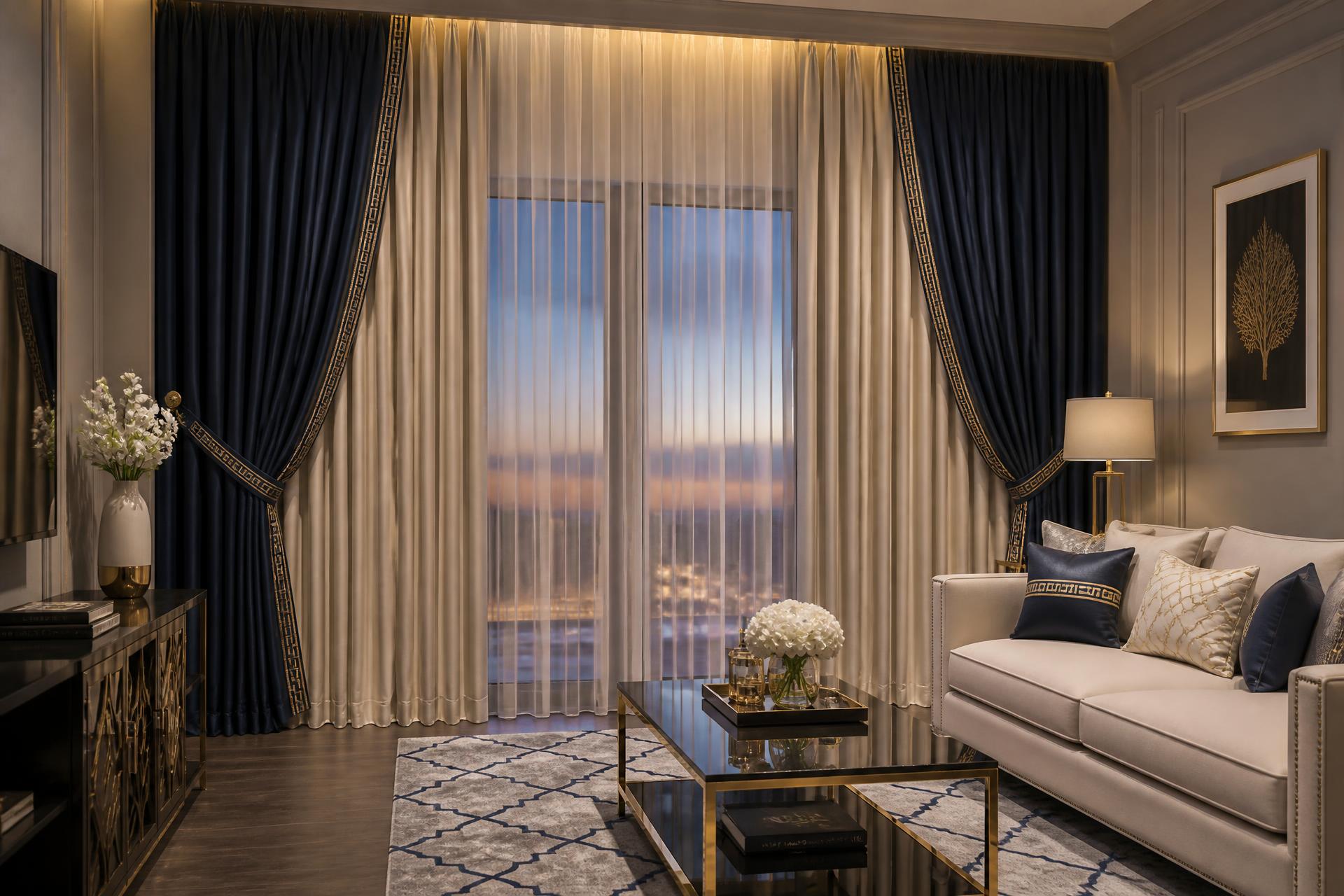 Elegant navy and cream custom curtains in a luxurious living room